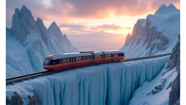 The Glacier Express, an innovative transportation system, passing through a breathtaking glacial environment.
