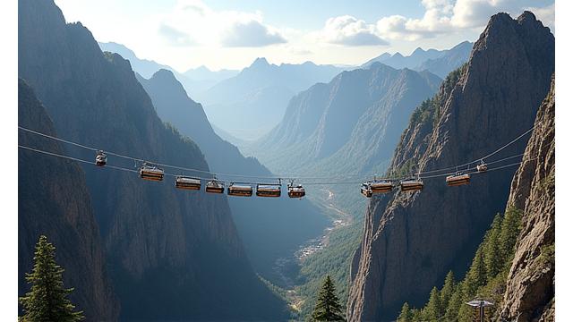 Aerial shot of the Summit Link gondola stretching across a deep mountain canyon, connecting two previously isolated towns.
