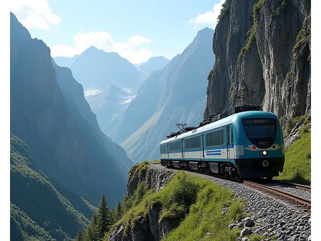 A modern cog railway train traveling through a scenic mountain pass.