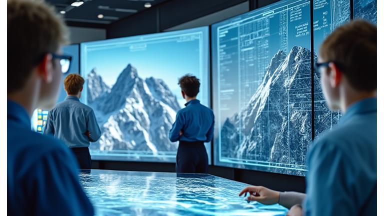 Engineers reviewing complex blueprints and 3D models of mountain transportation systems on a large screen.