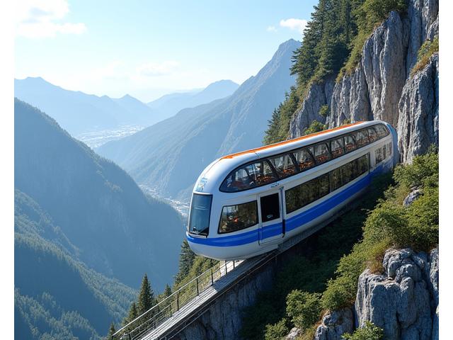 A sleek funicular railway ascending a steep hillside with urban architecture in the background.
