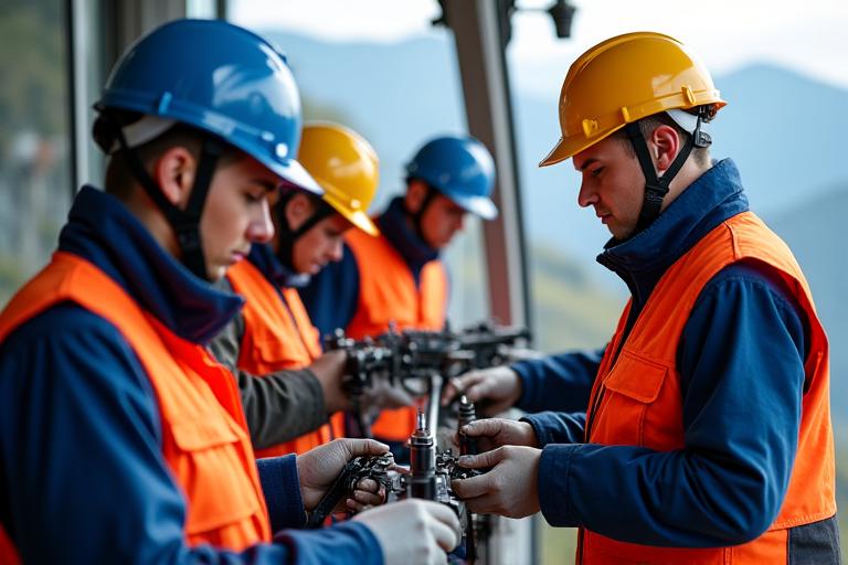 A team of technicians performing maintenance on a cable car system in a mountainous environment.