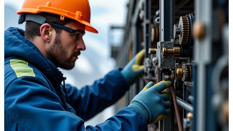 A technician meticulously inspecting robust machinery components of a mountain railway system with safety signs in the background.