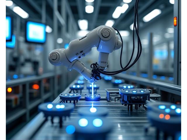 Close-up of robotic arm operating precisely in a smart factory environment, with a complex system of conveyors and sensors.