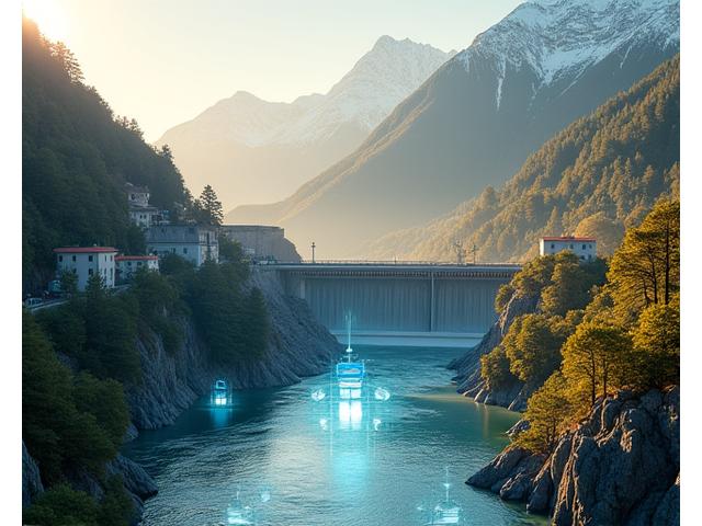 Remote hydroelectric power station in a mountain valley, with a digital overlay showing smart grid components and energy flow data.
