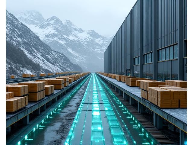 Automated conveyor system moving materials in a remote mountain logistics hub, bathed in data streams and sensor indicators.