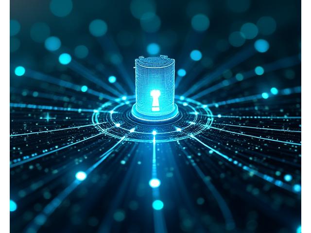 Digital representation of a secure network with glowing protective barriers, illustrating cybersecurity for industrial control systems.