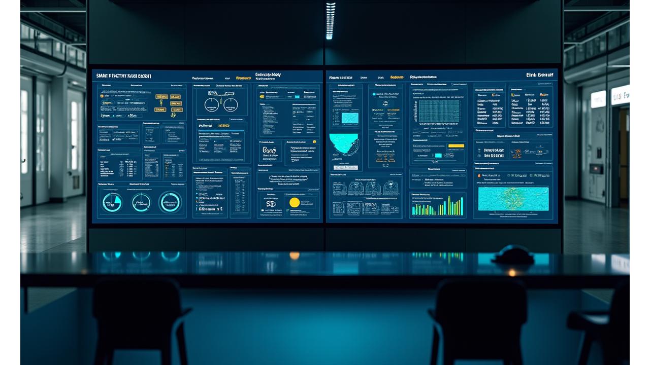 Detailed real-time smart factory dashboard showing multiple graphs, gauges, and alerts for operational status and performance metrics on a large screen in a control room.