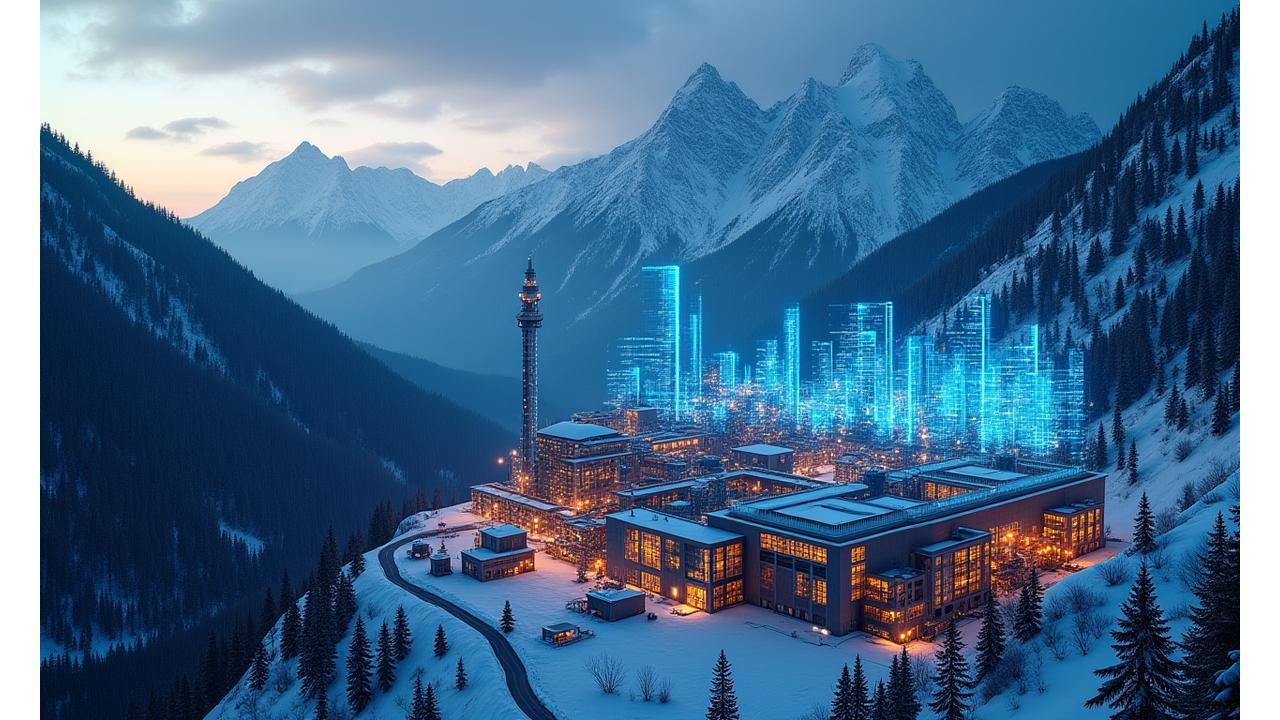 Panoramic view of a remote mountain industrial site with an overlay of data visualization dashboards showing real-time factory operations.