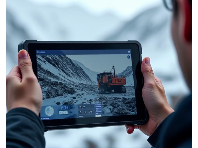 An engineer remotely controlling heavy machinery via a tablet interface, with a remote industrial site visible in the background.