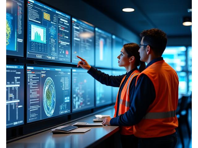Technical support engineers collaborating in a modern control room, showing data on multiple screens and discussing system optimizations.