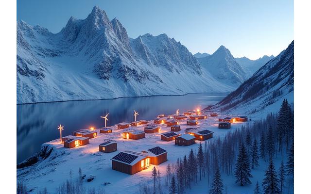 An isolated Alaskan mountain village thriving with modern solar panels and wind turbines, snow-covered landscape against a clear, cold sky.