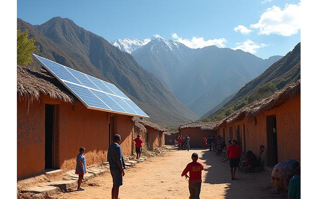 An indigenous community in the Andes receiving energy from a newly installed solar array, with smiling faces and children playing nearby, showing community benefit.