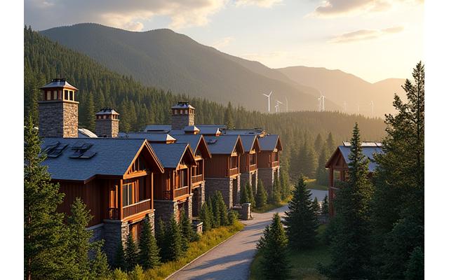 A picturesque Rocky Mountain town with solar arrays on rooftops and a small wind farm visible in the distant peaks, demonstrating energy independence.