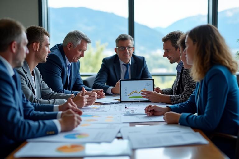 A diverse group of community stakeholders, including municipal planners and elders, reviewing financial documents and a tablet displaying energy savings, with a mountain backdrop, symbolizing smart investment.