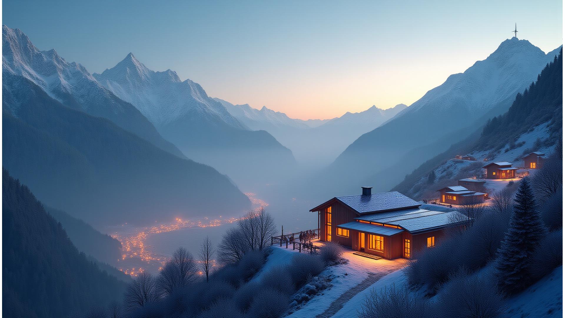 Panoramic view of a remote mountain community, illuminated by clean, sustainable energy sources like solar panels and wind turbines, with clear skies and majestic peaks as a backdrop.