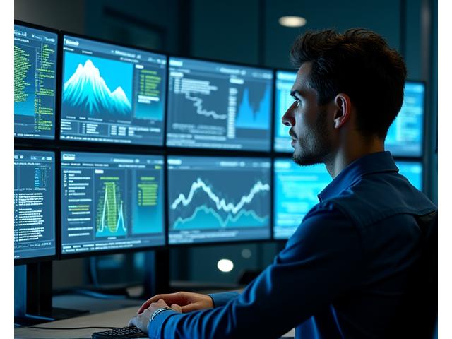 A technician in a remote monitoring control room, viewing real-time data from a mountain microgrid on multiple screens, showing system efficiency and predictive analytics.