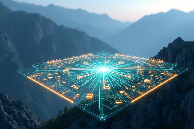 An intricate, glowing diagram of a smart microgrid system overlayed on a high-altitude mountain valley with interconnected renewable energy sources, storage units, and community buildings.