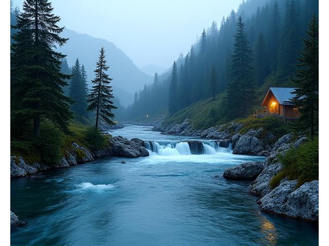 A small, efficient micro-hydro power turbine nestled beside a clear mountain stream, peacefully generating clean electricity for a remote settlement in the background.