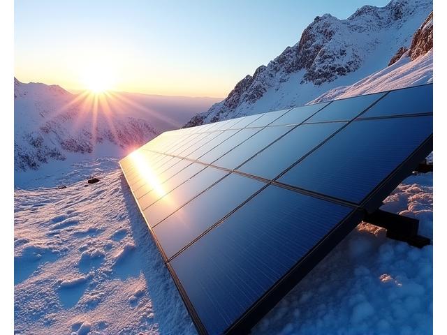 Advanced solar panel array built for optimal performance in high-altitude, cold-weather environments, integrated into a natural mountain landscape.