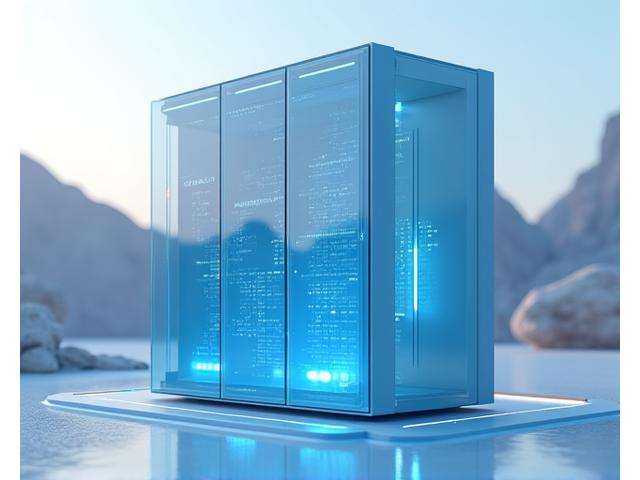 Futuristic energy storage unit with integrated smart energy management display, glowing with clean energy, set against a backdrop of glowing circuits and mountain silhouettes.